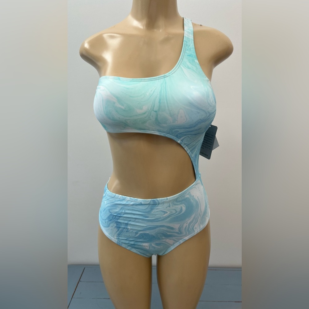 New Asymmetrical One Piece Swimsuit Sz S One Shoulder VYB Cutout Blue Illusion